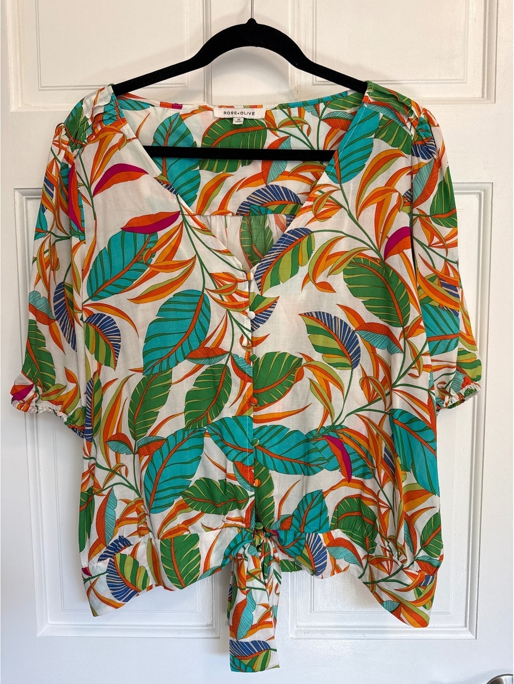 Rose + Olive XL Tropical Leaf Print Button-Up Blouse with Tie Front